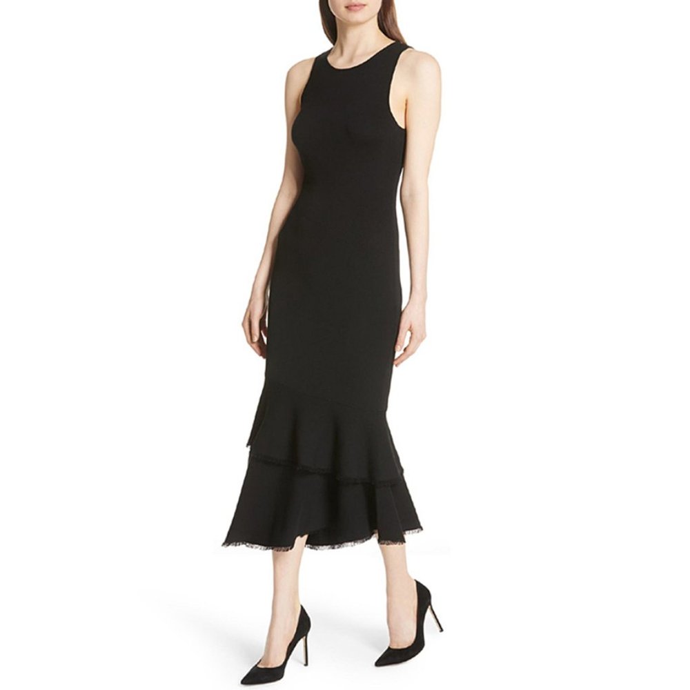 NWT $419 THEORY Nilimary Prosecco Midi Knit Ruffled Dress BLACK SIZE M